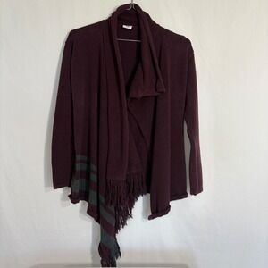 Cabi Open Cardigan Sweater Drape Front Fringed Stripe Detail Burgundy Knit Small